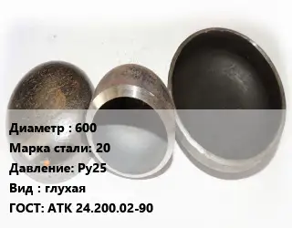 Заглушка стальная 600 Сталь: 20 Ру25 глухая ГОСТ: АТК 24.200.02-90